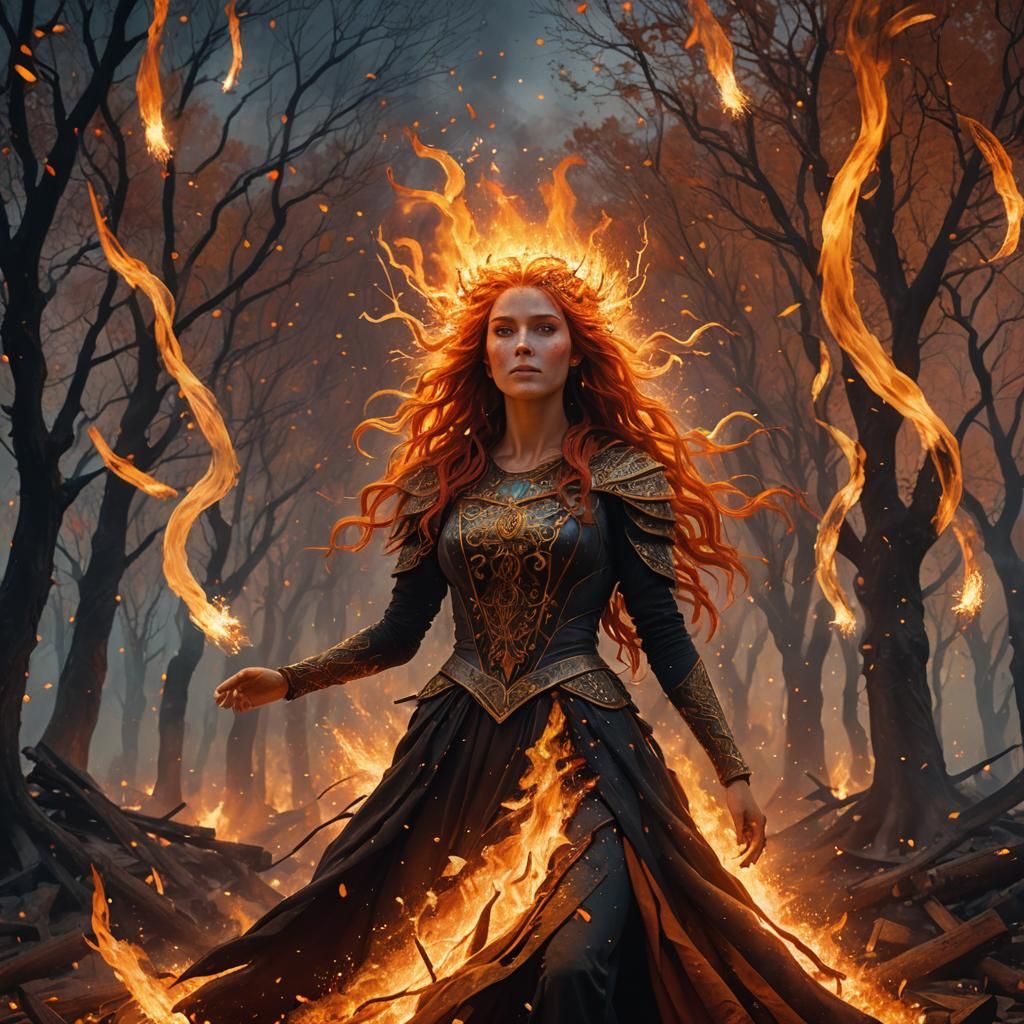Goddess of Fire Emerges in Dark Fantasy Landscape