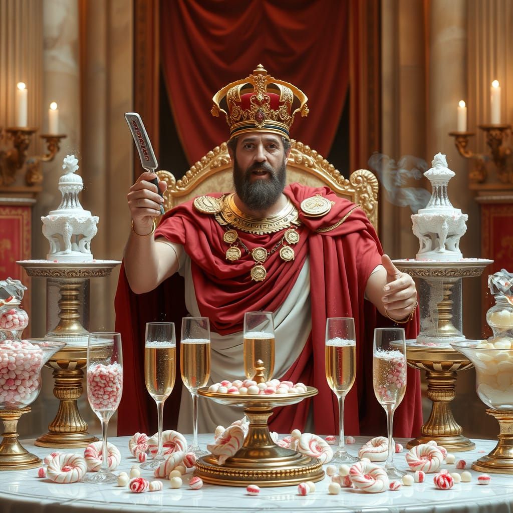 A roman emperor presiding over candy fountains and champagne