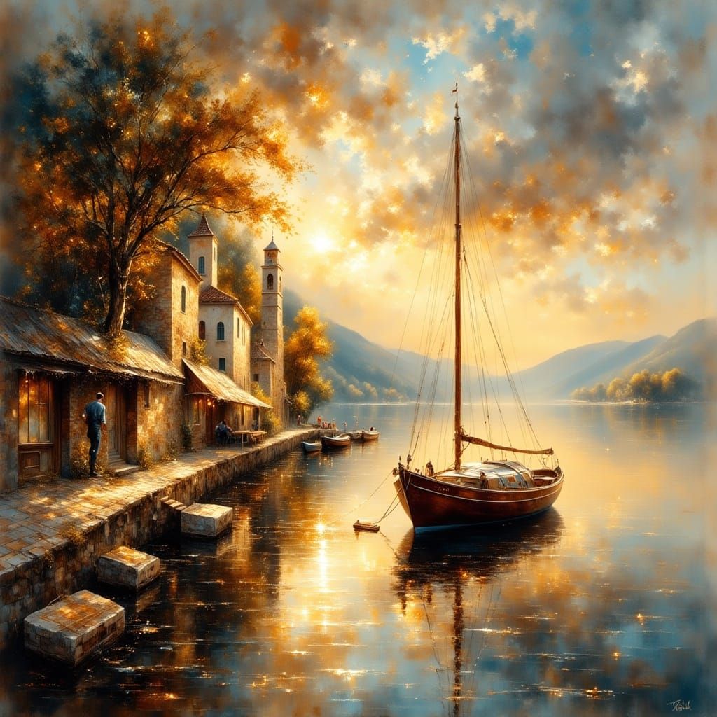 Italian Sunrise: Yacht at City Pier in Watercolor Style