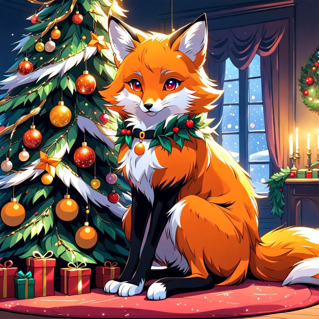 Orange Fox Under Christmas Tree in Anime Realism