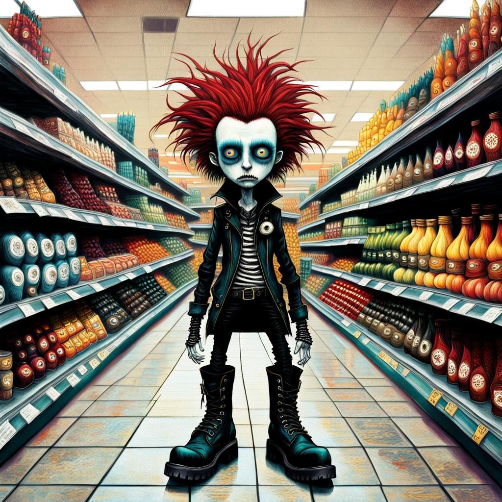 Gothic Punk Rocker in Supermarket, Burton-esque