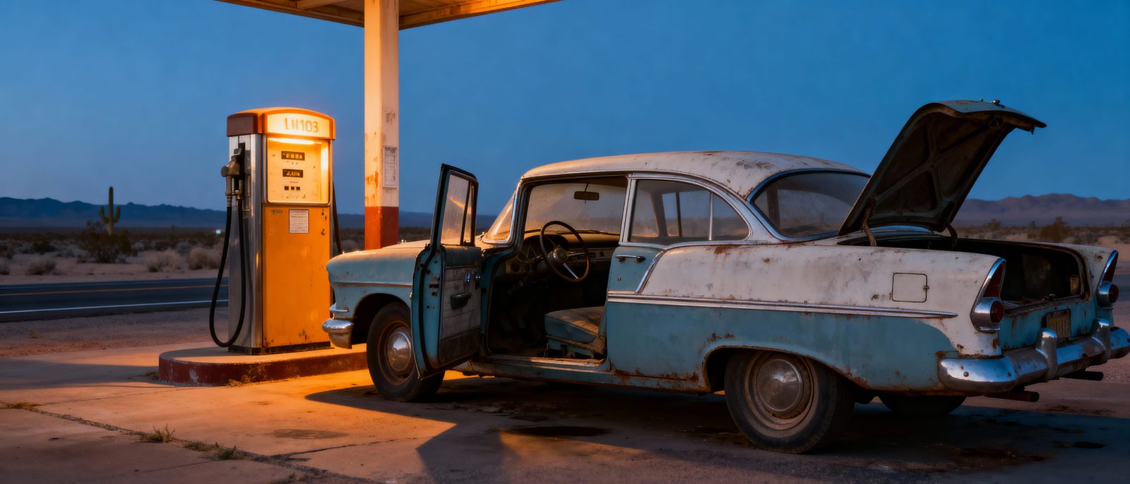 Desert Highway Ghost Town Gas Station at Dawn