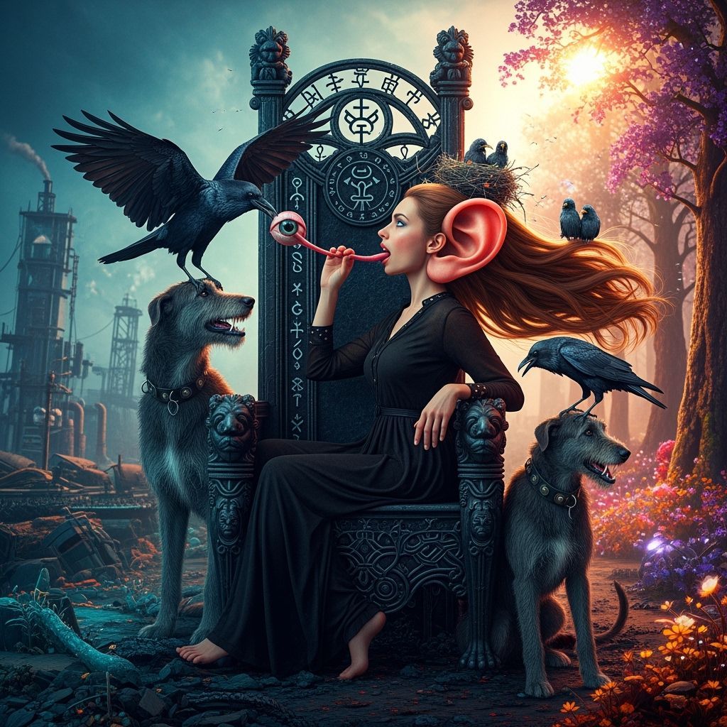 Surreal Woman on Throne with Ravens, in 3D Style