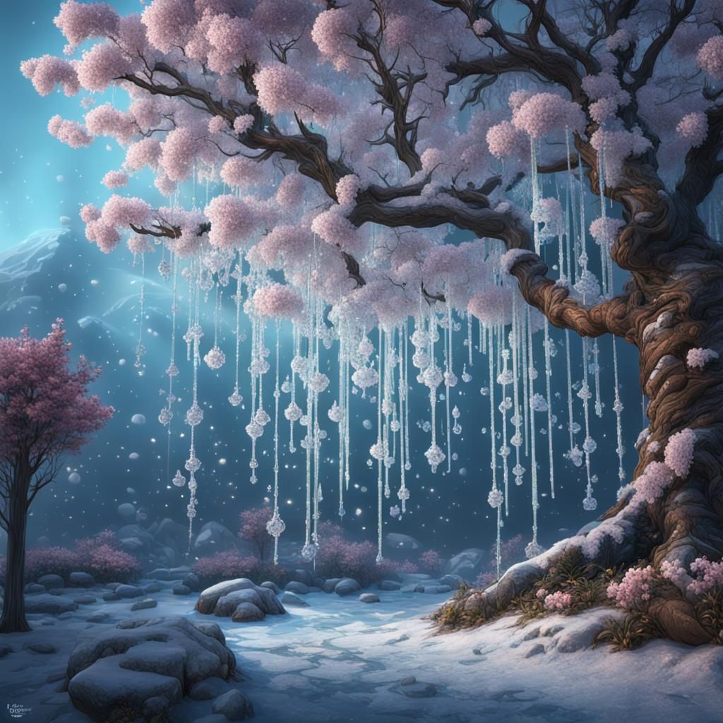 Frosted Flowering Tree: Detailed Fantasy Concept Art