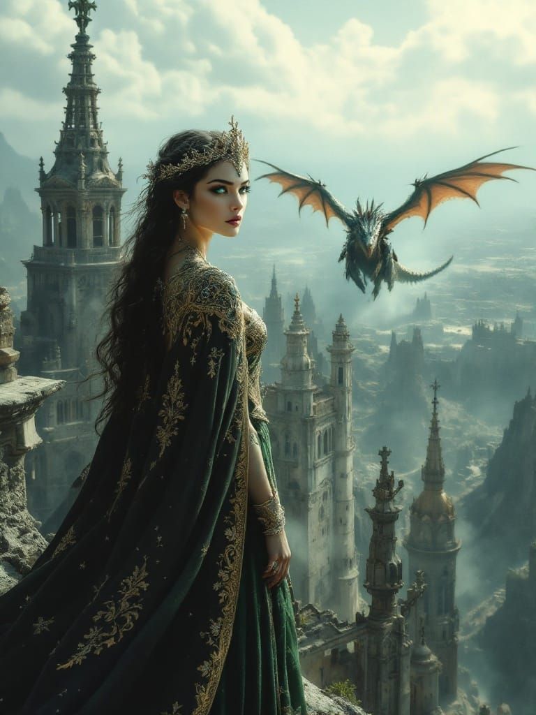 Elegant Princess Looks Out Upon Heroic Dragon Rider in Post-...