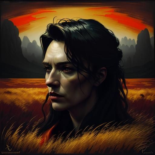 Surreal portrait art. Medium shot. A woman stands in a field of tall grass at sunset, a large stone in one hand and a re...