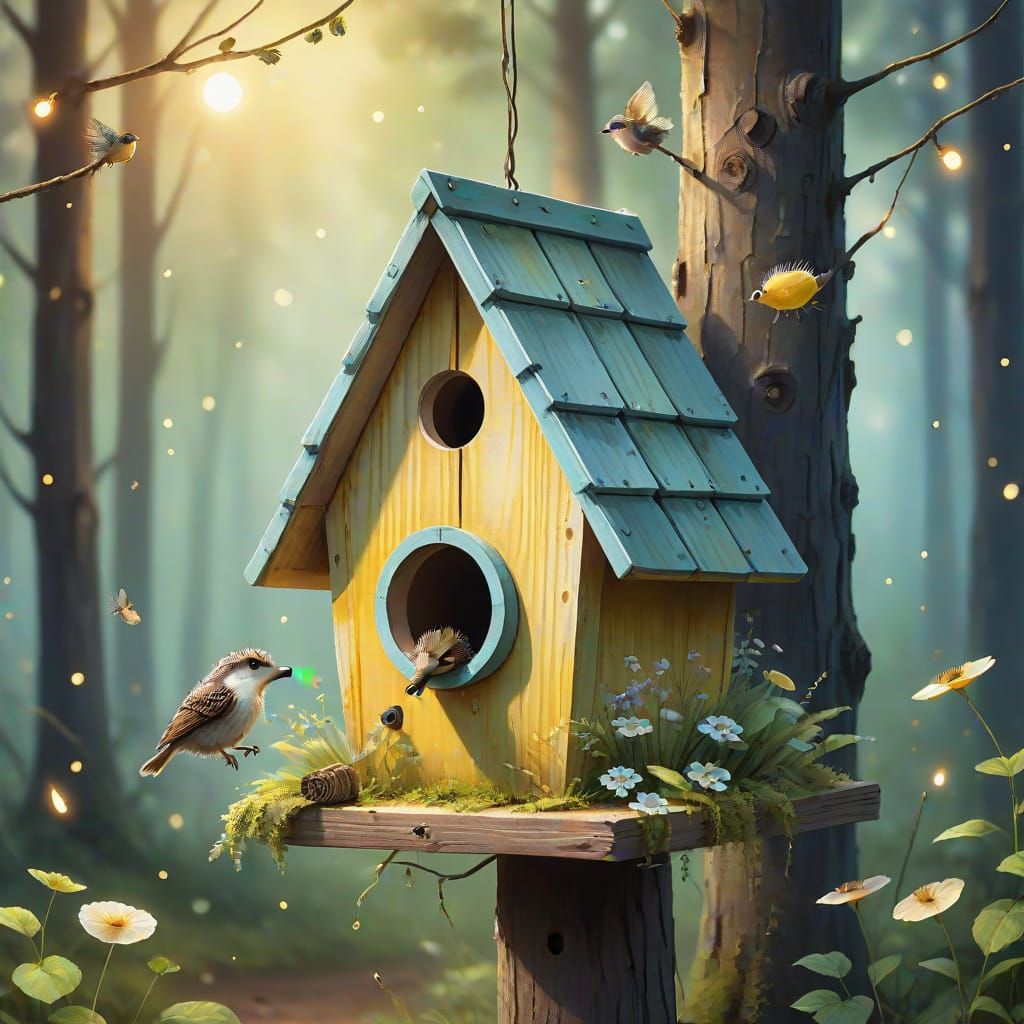 Whimsical Watercolor Birdhouse in Forest Landscape