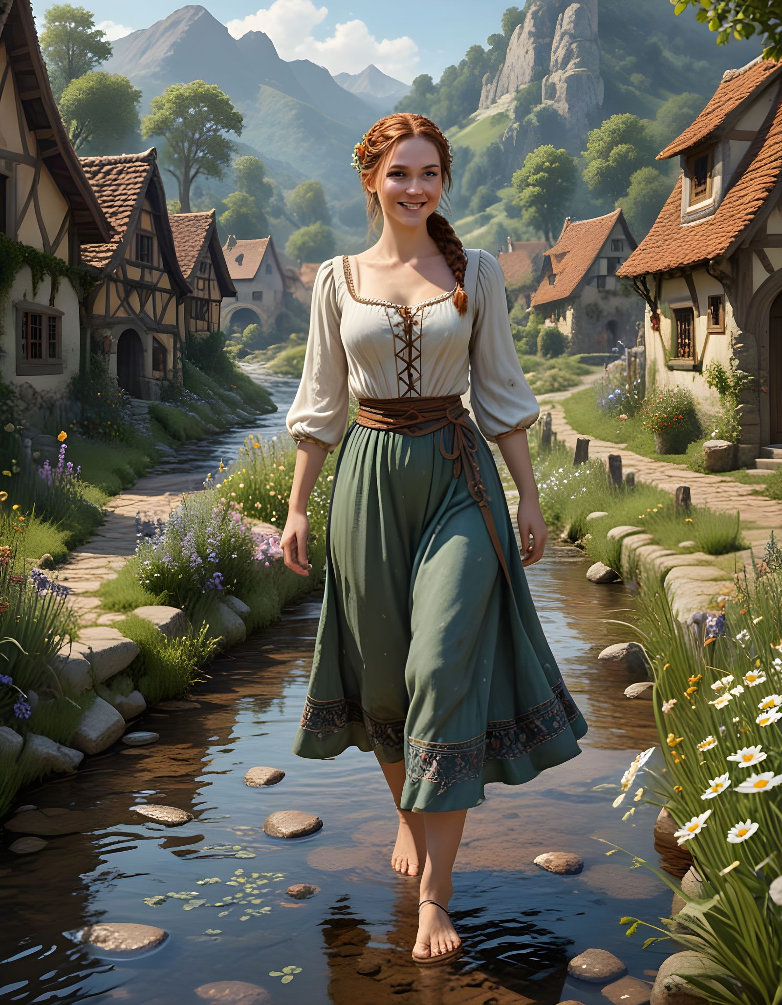 Medieval Fantasy Woman Walking Through Stream