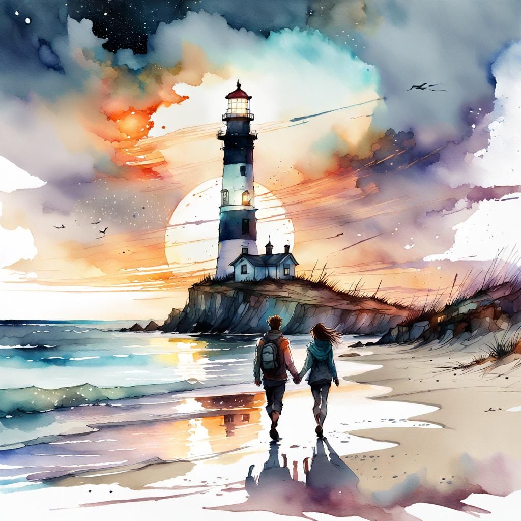 Watercolor Kids Couple on Beach at Sunset