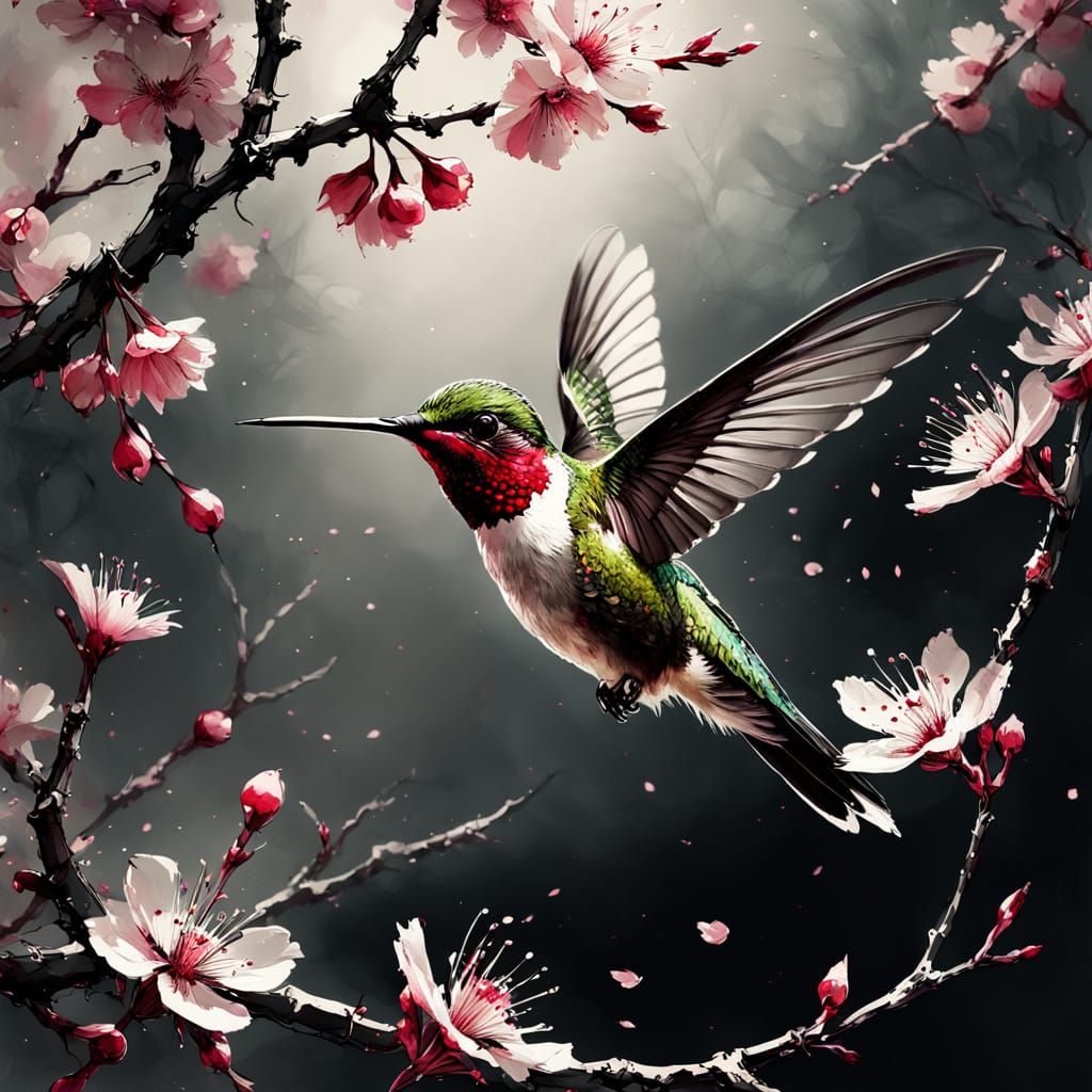 Ruby Hummingbird in Blossoms: Ink and Fractal Art