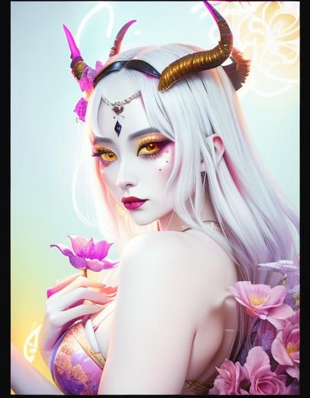 Neon Dark Fantasy Woman with Horns Portrait