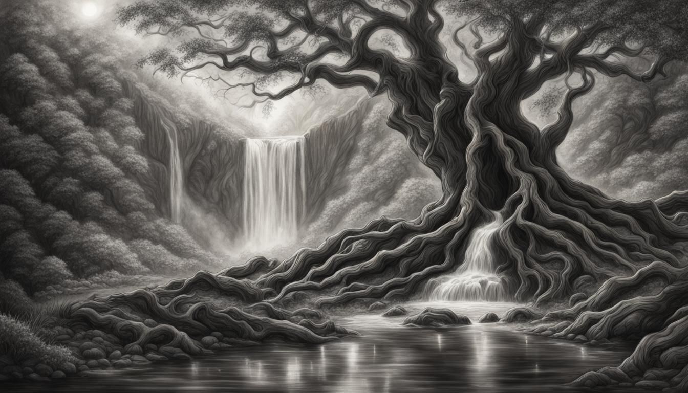 Ancient Tree Near Magic Waterfall: Charcoal Drawing