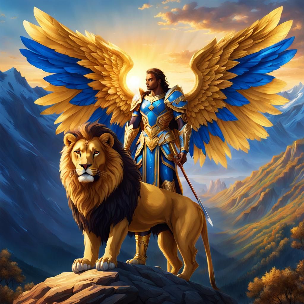Archangel and a lion on top of a mountain