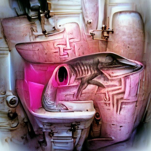 Pink Shark in Toilet: Cubist Biomechanical Art