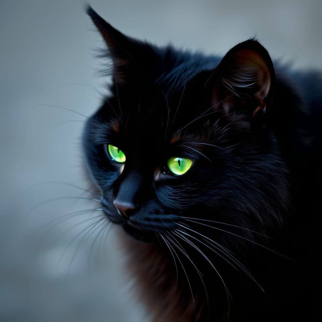 Midnight Black Cat in Haunting Green Glow