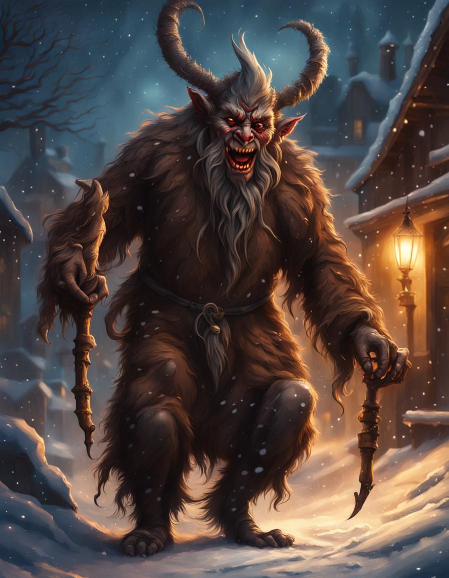 Hyperrealistic Krampus in Snowy Village Concept Art
