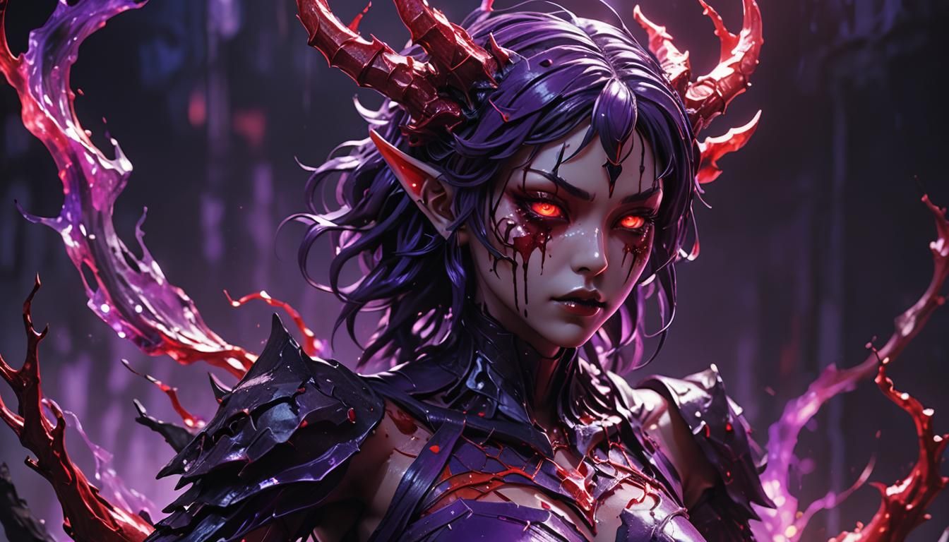 Cracked Demonic Girl Statue with Neon Aura