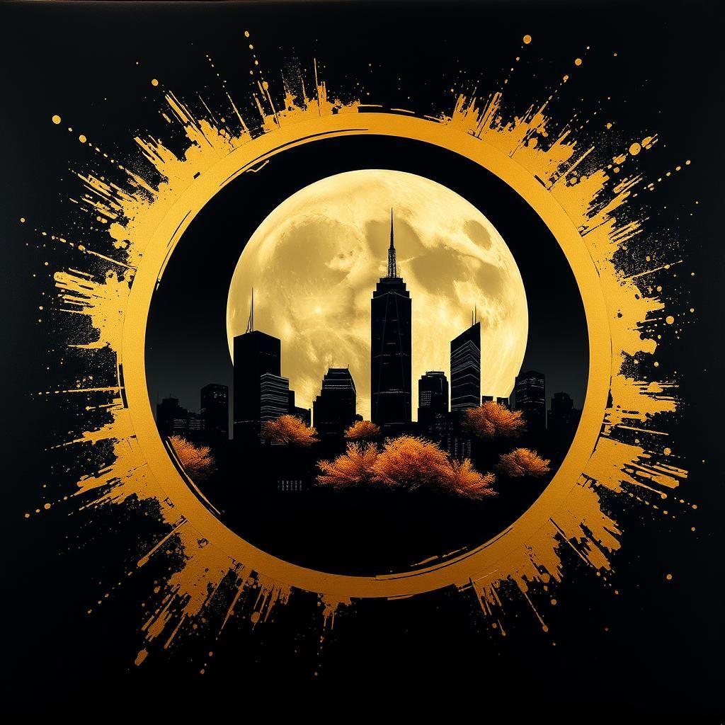 Futuristic City in Golden Frame: Nighttime Oil Painting