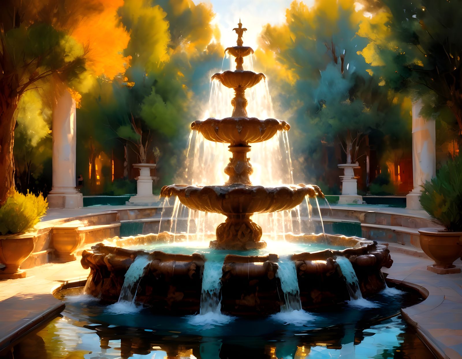 Ornate Stone Fountain in Hyperrealistic Abstract Expressioni...