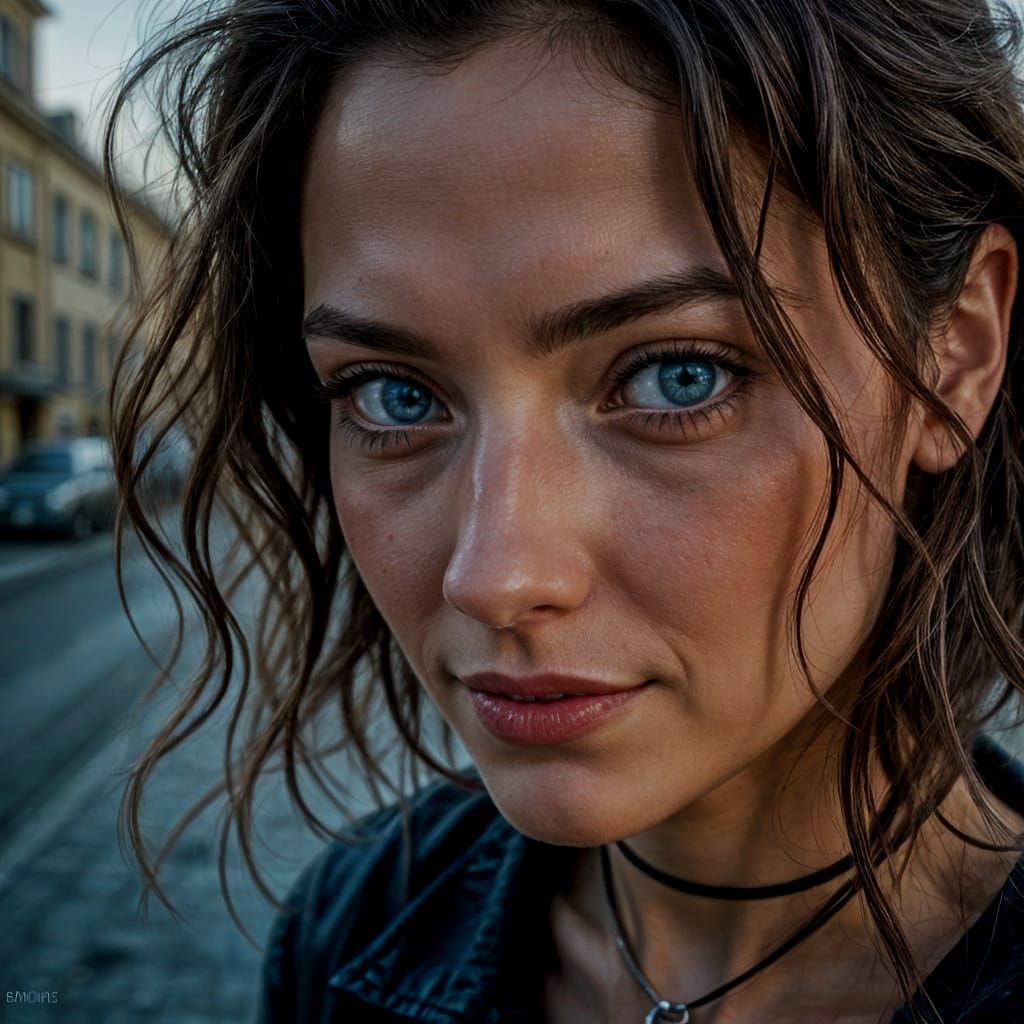 Blue-Eyed Woman with a Strange Smile in Futuristic City