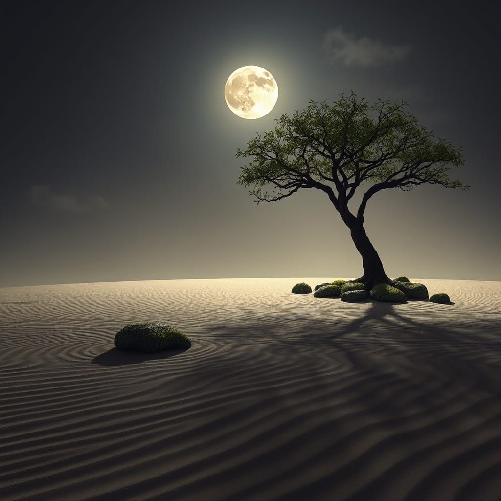 Serenely Illuminated Zen Oasis in Minimalist Landscape Art