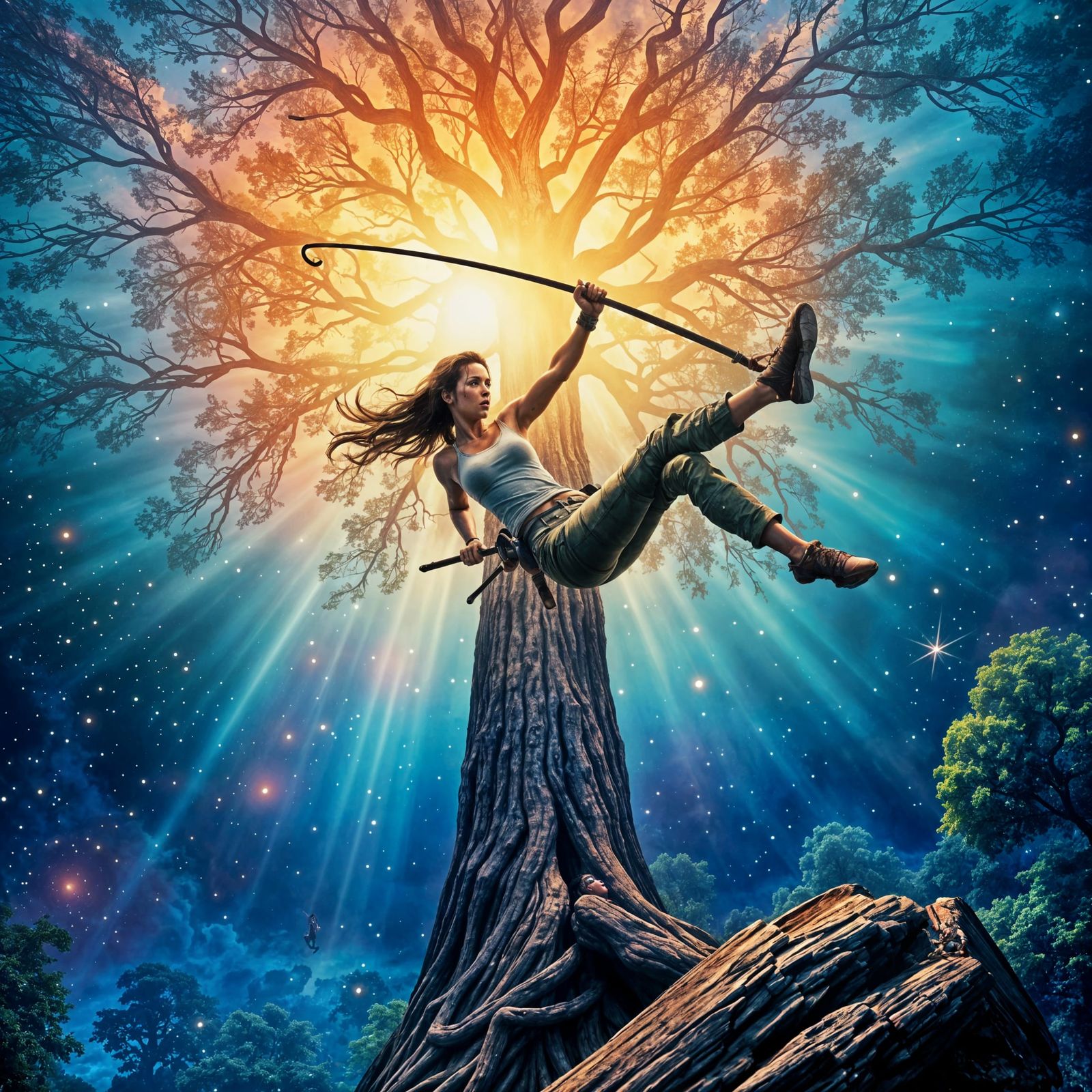 Tomb Raider Mid-Swing: Holographic Astral Illustration