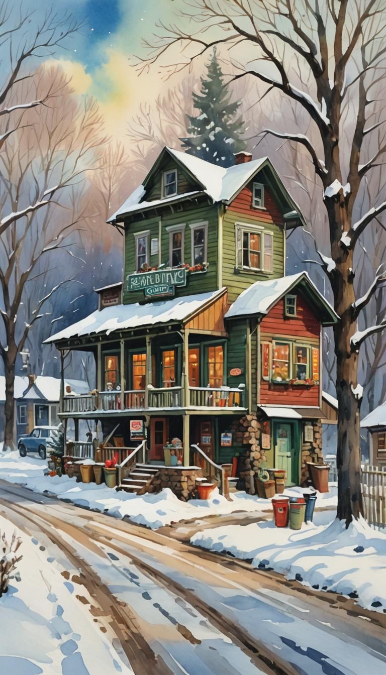 Winter Country Store in Gouache Watercolor Style