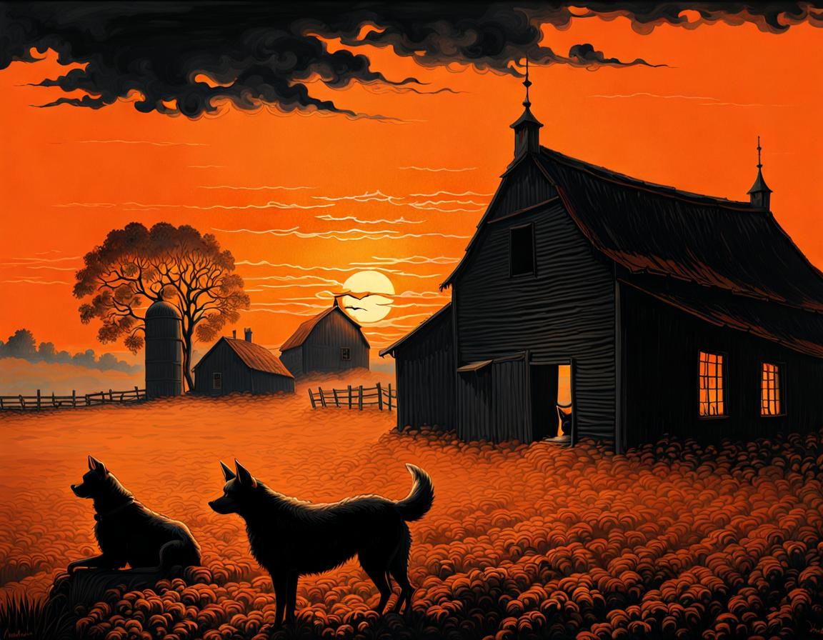 Demonic Dog Guards Farm in Orange Sky