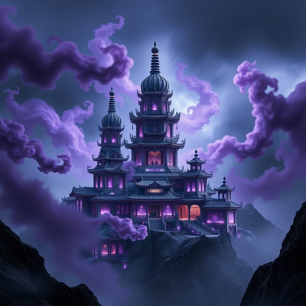 Shaolin temple made of obsidian and amethyst crystals. purple and black clouds around. translucent, luminous, magic.
