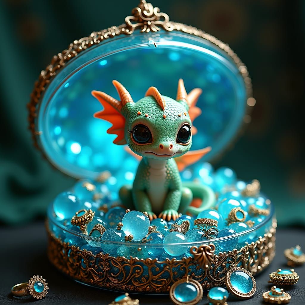 Iridescent Baby Dragon in Glass Jewelry Box