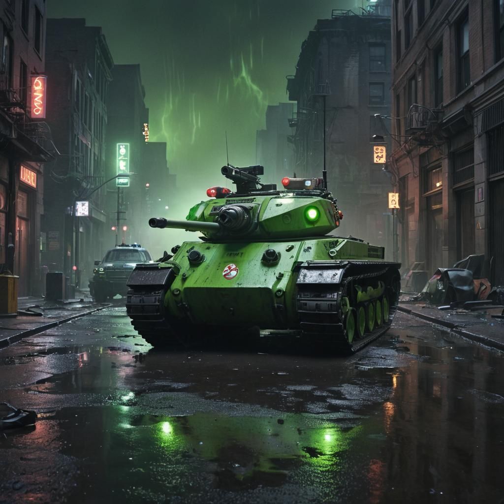 Ghostbusters Tank in Ruined City, Syd Mead Style