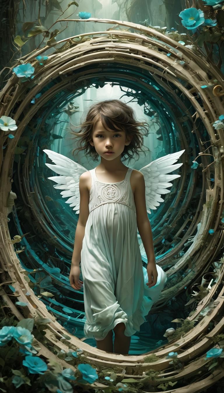 Whimsical White Angel in a Turquoise Labyrinth with Mythical...