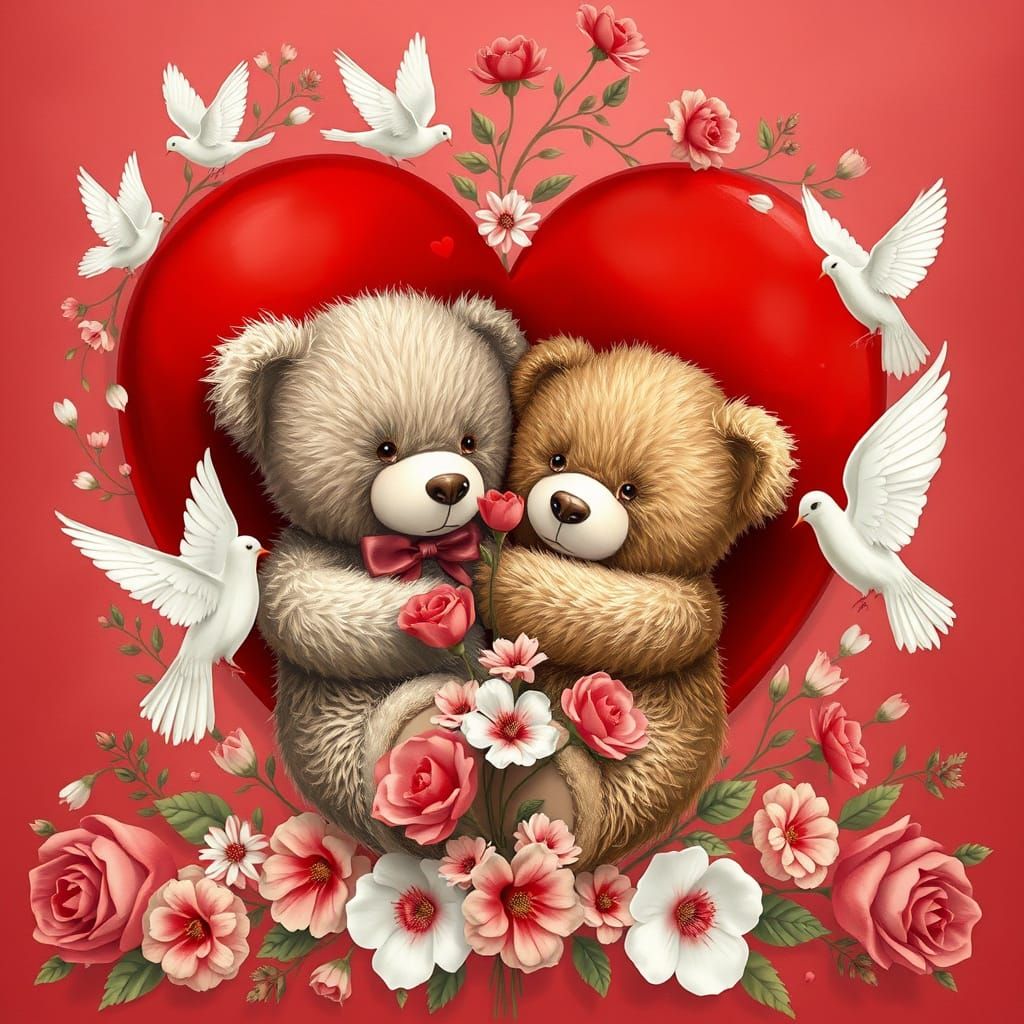 Cuddly Teddy Bears in a Vibrant Red Heart
