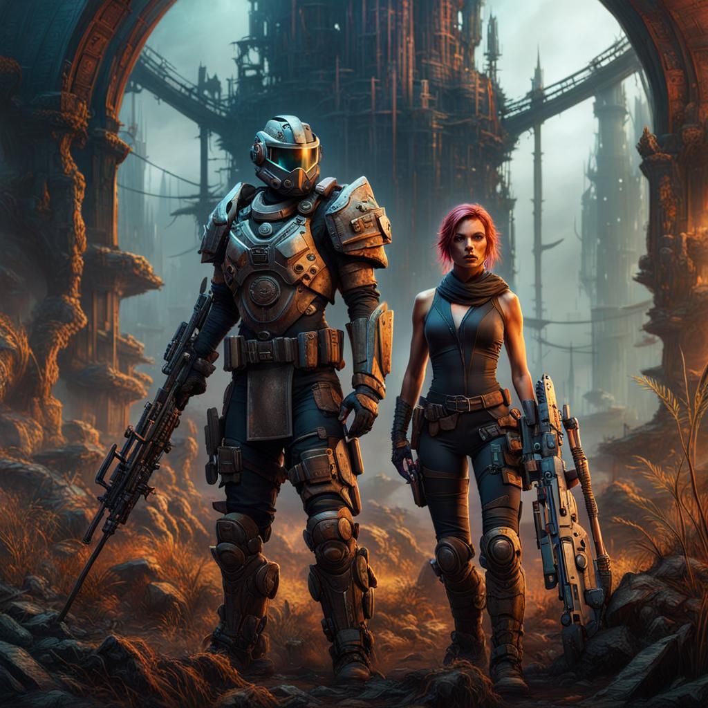 Post-Apocalyptic Female Warrior and Cyborg in Detailed Matte...