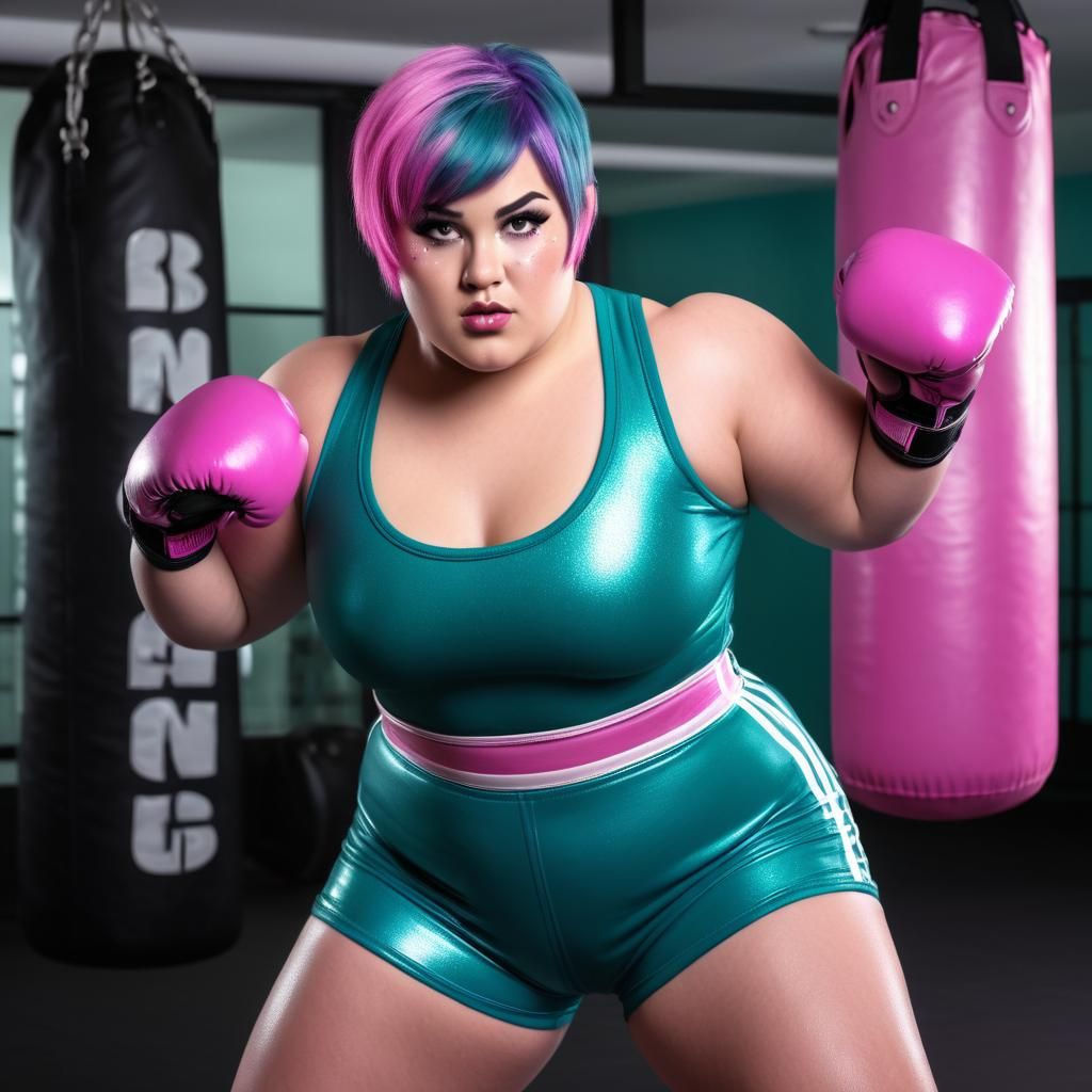 BBW Wrestler with Teal Hair in Gym