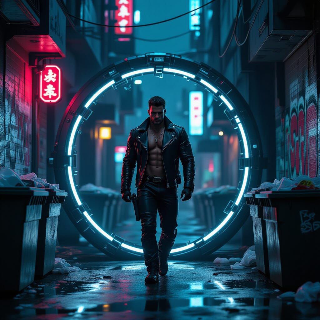 Cyberpunk Man Steps Through Portal to Modern Alley