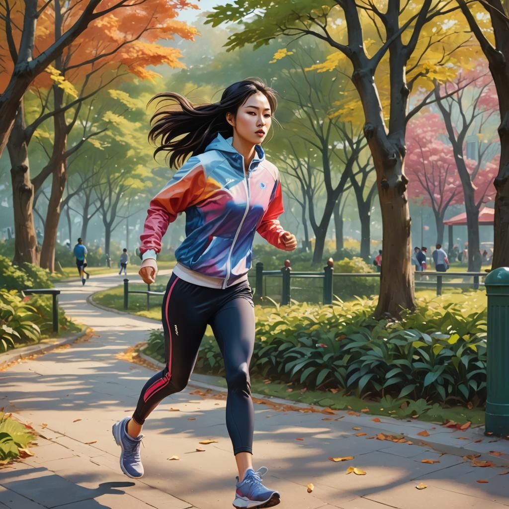 Hyperrealistic Korean Girl Jogging in Park