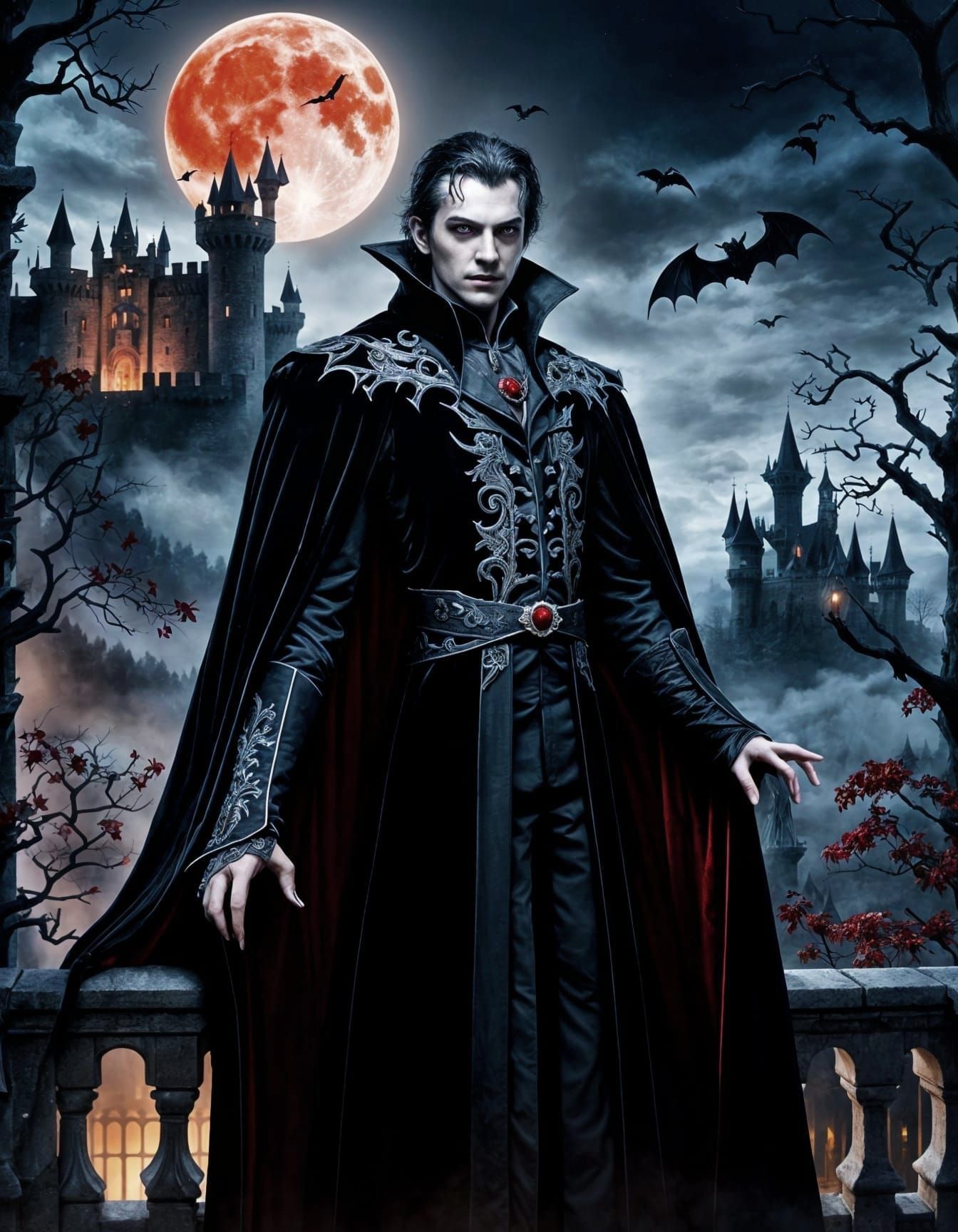 Regal Vampire Lord Overlooking Ancient Castle