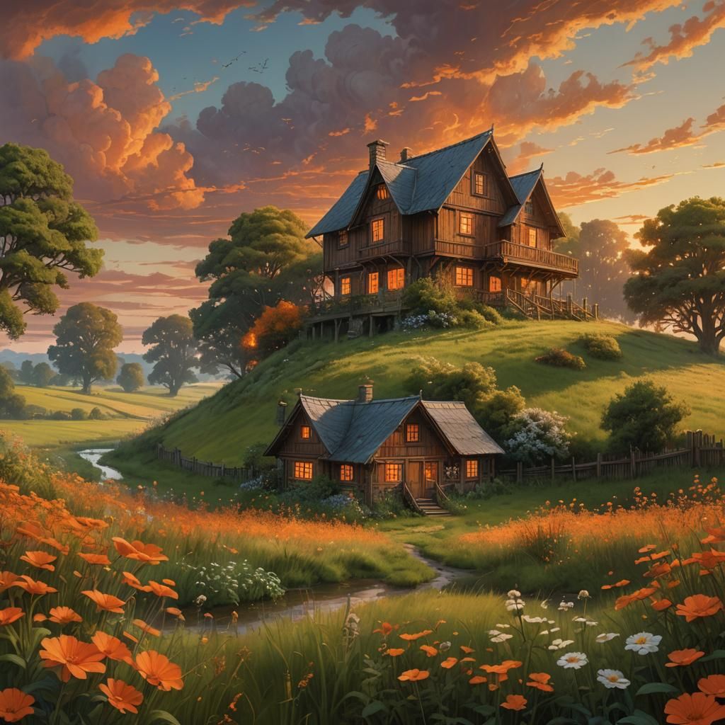 Wooden House in Sunset Field: Fantasy Landscape