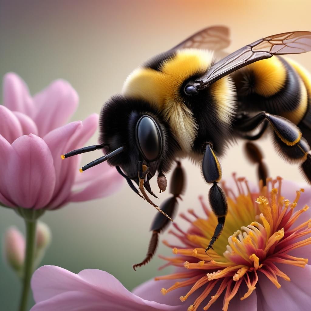 Hyperrealistic Macro Shot of Bee Collecting Nectar