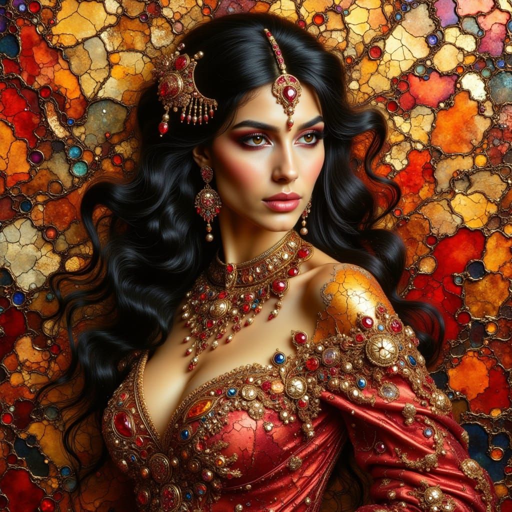 Elegant Woman in Vibrant Gold and Ruby Attire