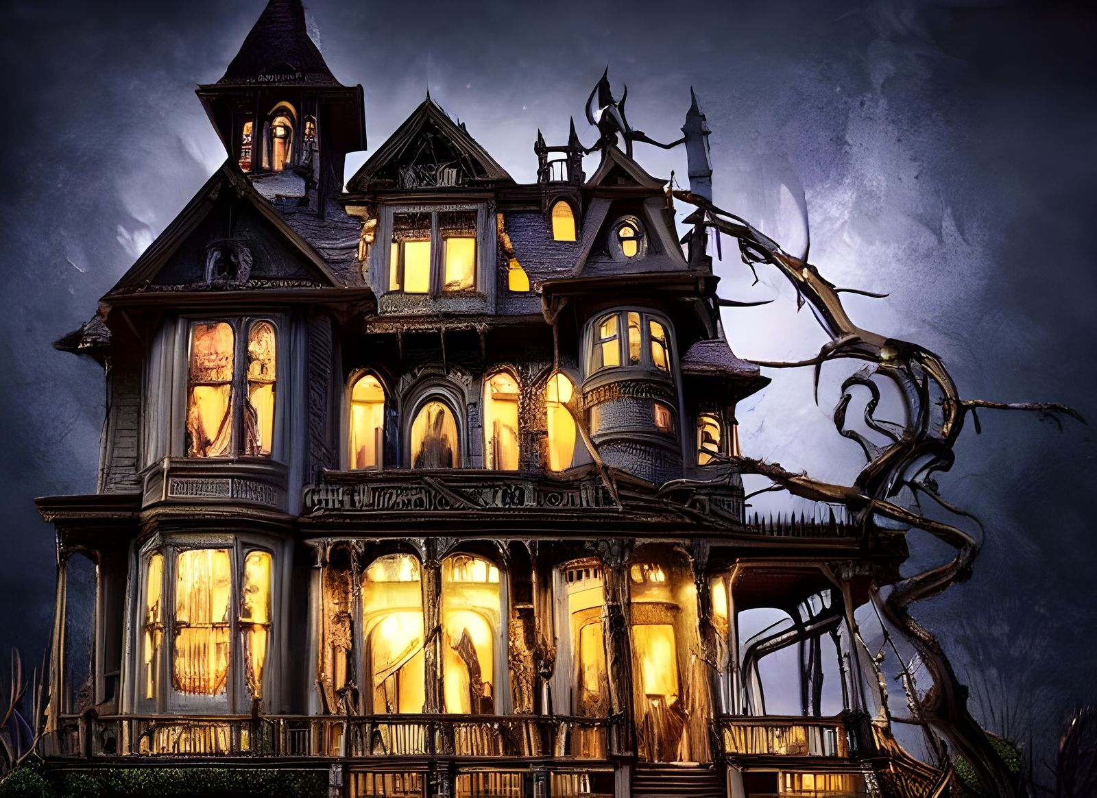 Eerie Victorian Haunted House with Neon Biopunk Details
