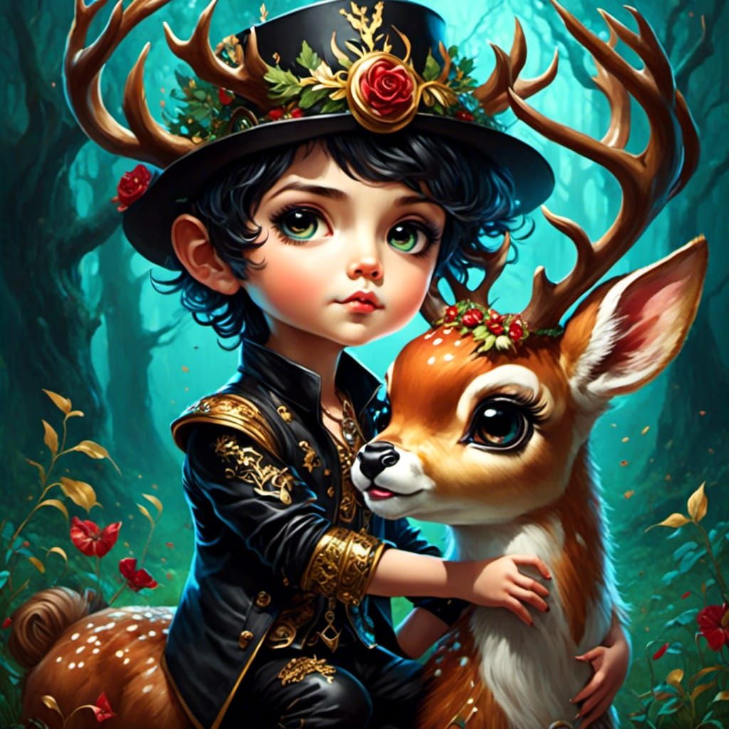 Chibi Boy with Pet Deer in Cute Style