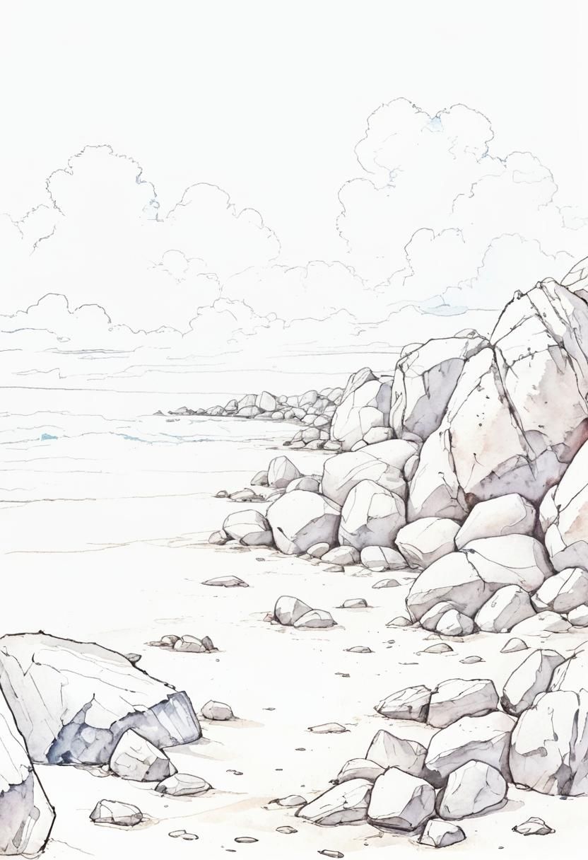 Beach Boulders in Watercolor and Ink Painting