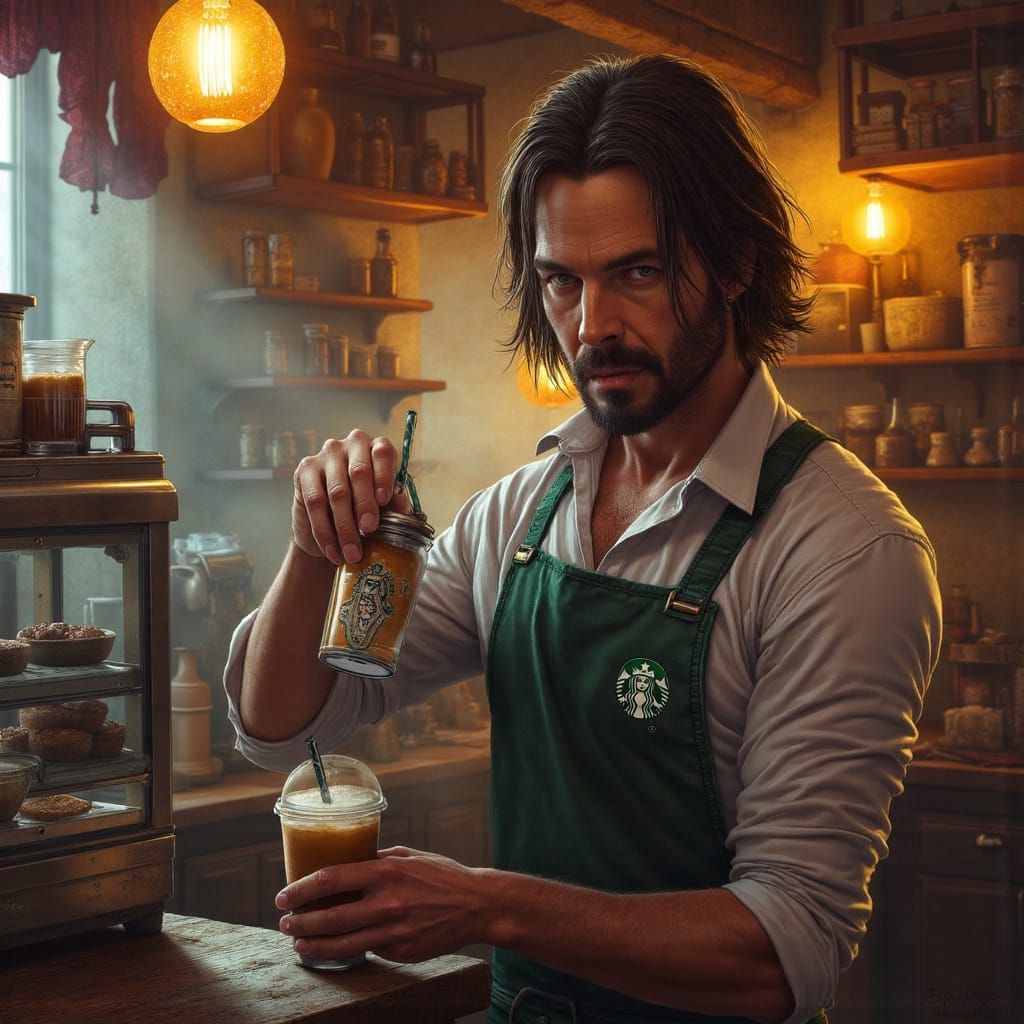 John Wick as Barista in Rembrandt-Inspired Chiaroscuro Style
