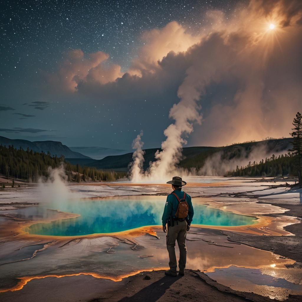 Grand Prismatic Spring at Night: Hyperrealistic Concept Art