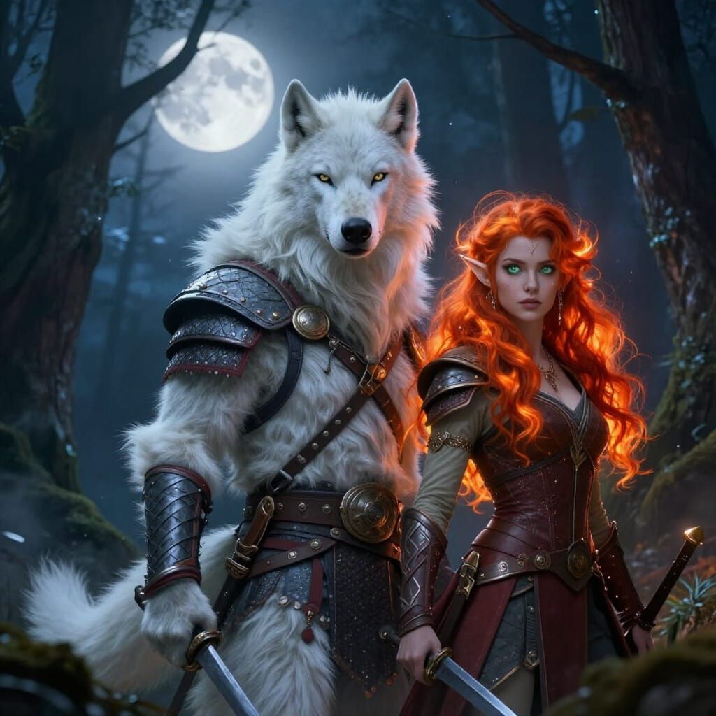 White Werewolf Viking and Elf Warrior Under Full Moon