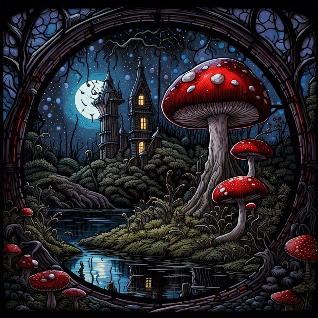 Gothic Horror Giant Toadstool Under Starry Night