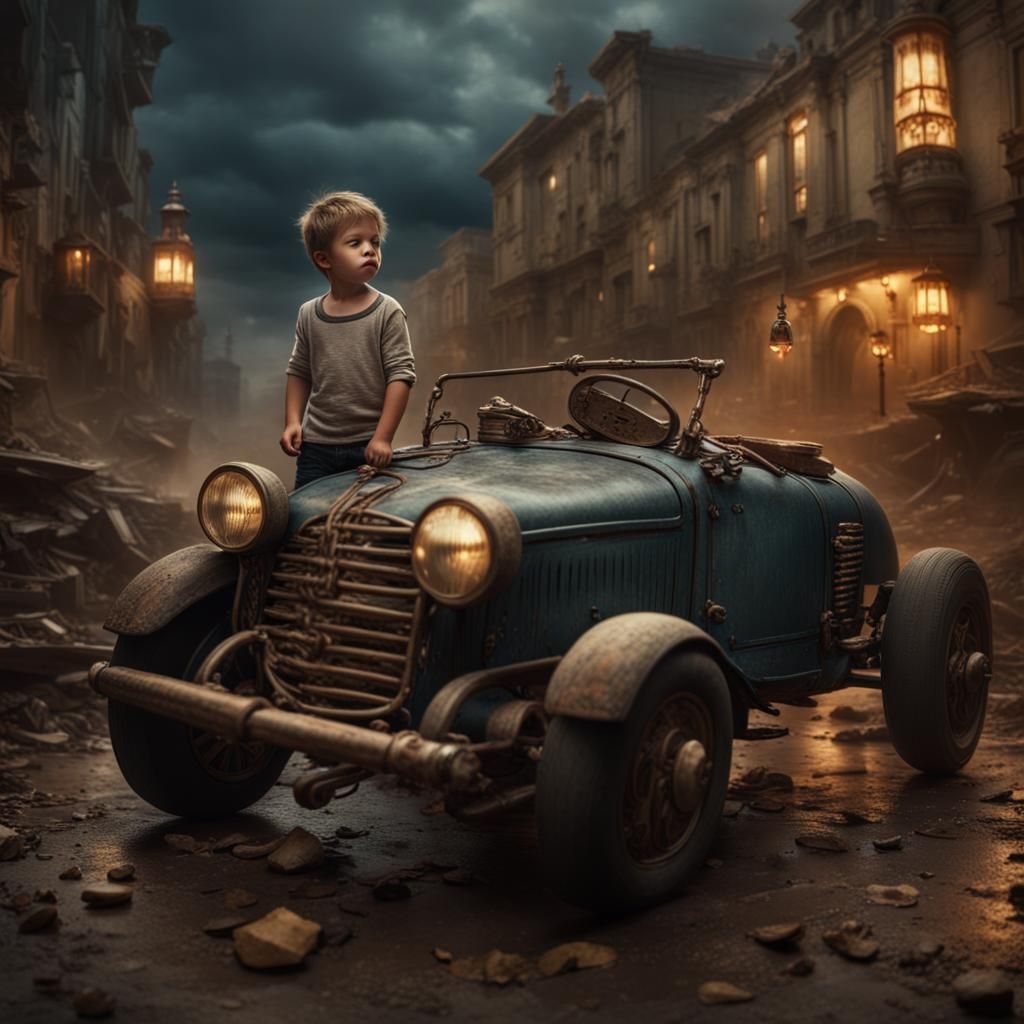 Boy Cries Over Broken Toy Car: Digital Matte Painting