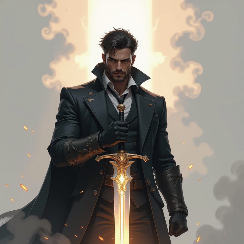 Heroic Warrior in Dusty Suit Illuminated by Divine Light